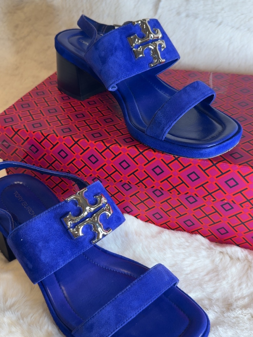 Tory Burch Cobalt Blue Suede Logo Slingback Sandals - Picture 3 of 6